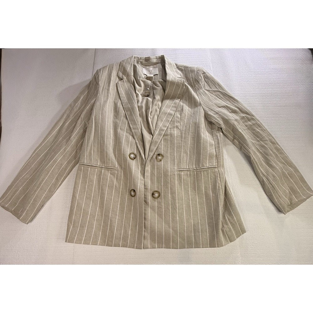 Halston Linen Blend Pinstripe Blazer Womens L Beige Double Breasted Career Core